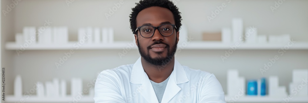Poster a man in a white lab coat is standing in front of a shelf of medicine. he is smiling and looking dir