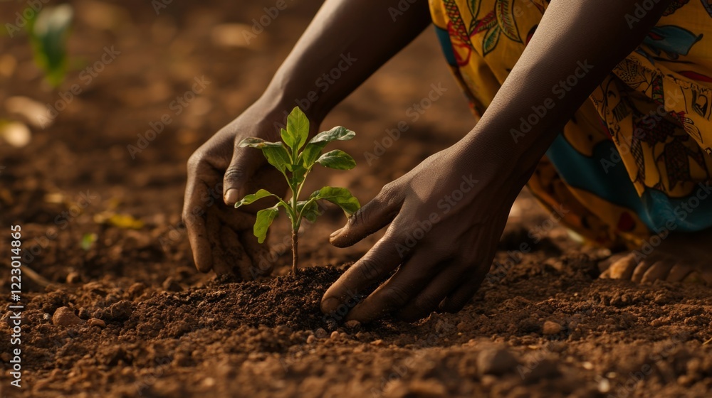 Poster a close-up of hands gently planting a young tree sapling into the ground, with soil and small rocks,