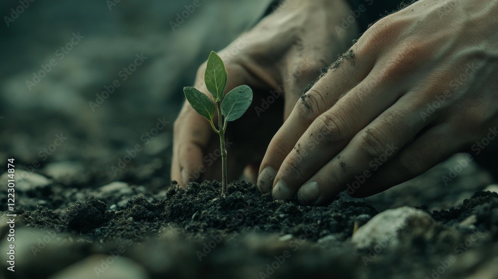 Poster a close-up of hands gently planting a young tree sapling into the ground, with soil and small rocks,