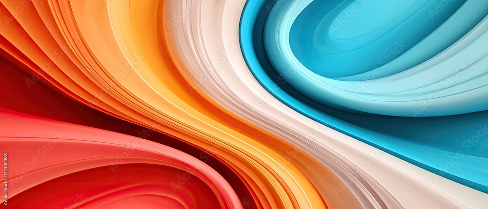 Poster a vibrant, flowing abstract design featuring smooth curves in red, orange, white, and blue, creating