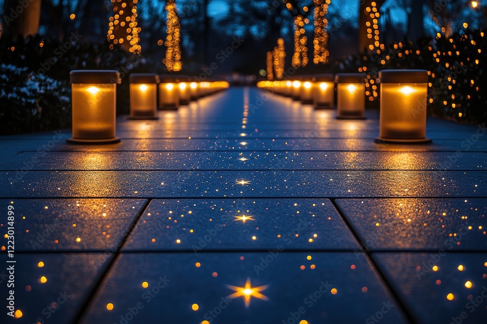 Poster illuminated pathway at night with warm lights and embedded sparkling lights creating a magical ambia