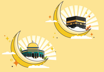 set of kaaba and al aqsa mosque icons with crescent moon concept. vector illustration. can be used for banners, posters, and social media purposes