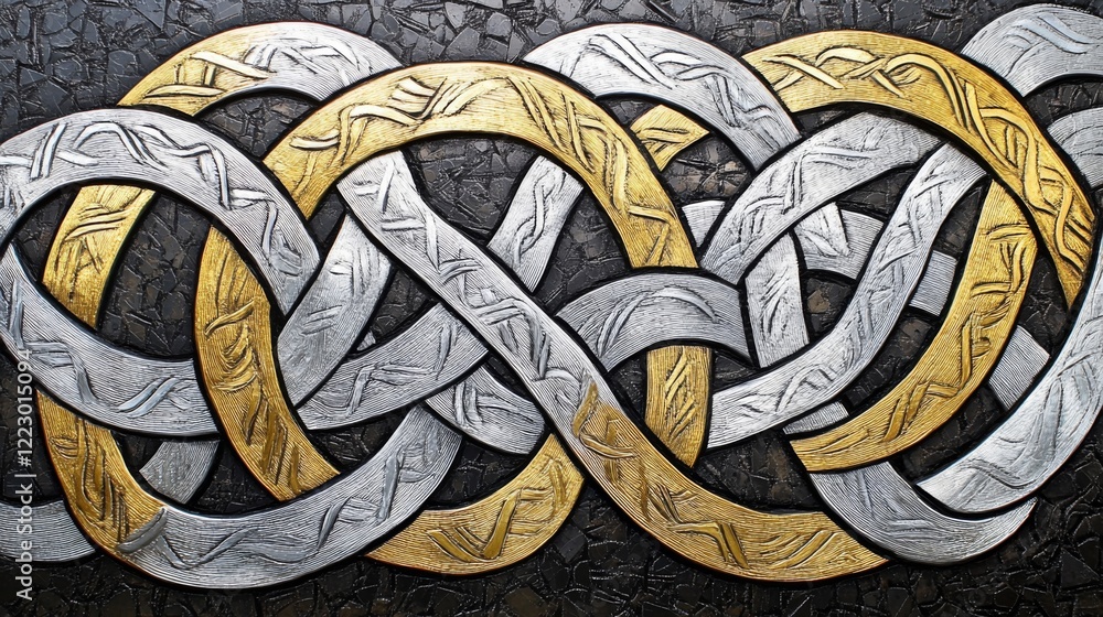Aufkleber a close-up of interwoven line patterns in metallic silver and gold, on a dark textured background, c