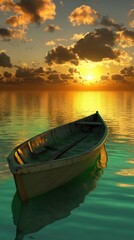 Fototapeta premium A tranquil scene featuring a wooden boat floating on calm waters during a stunning sunset with vibrant clouds and reflections.