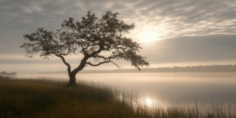 Obraz premium A solitary tree silhouetted against a misty lake at sunrise, creating a tranquil and peaceful atmosphere in nature.