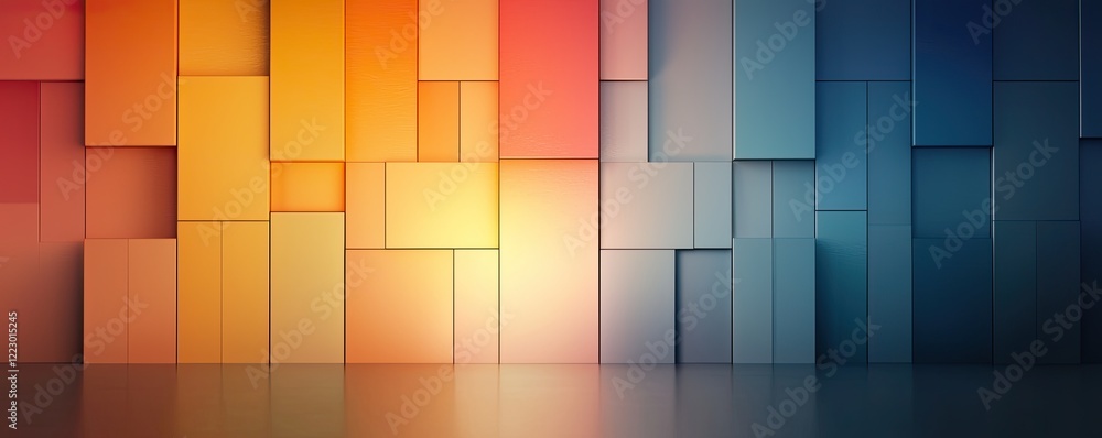 Poster a vibrant gradient of colorful blocks transitions from warm orange to cool blue, creating a dynamic 
