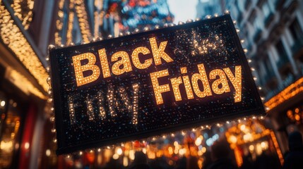 Exciting Black Friday sales attract shoppers to decorated streets in a city at night near the holiday season