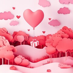 Romantic Valentine's Day illustration featuring heart-shaped balloon floating in sky above forest landscape with gift box descending. Pink color palette, heart-shaped clouds, red heart trees, paper ar
