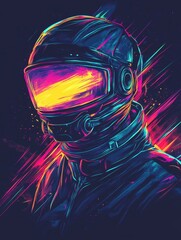 Vibrant Digital Art of a Space Helmet with Neon Colors and Highlights