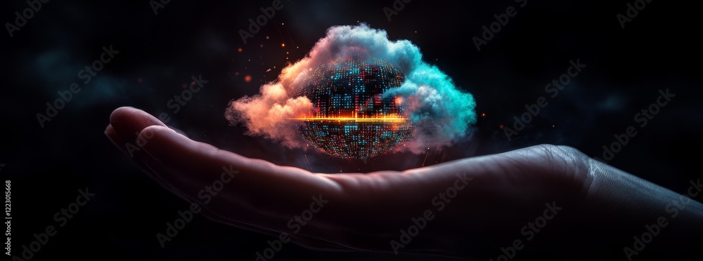 Poster Illustration of a hand showing a laptop computer accessing cloud data storage through an internet server, emphasizing cloud computing technology in a business context
