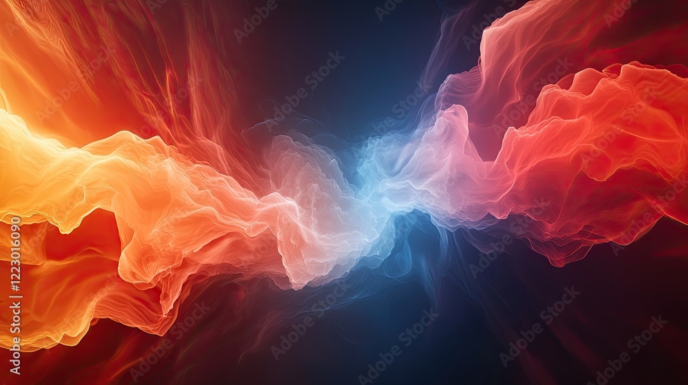 Poster an abstract image featuring swirling red and blue colors, creating a dynamic and energetic visual ef
