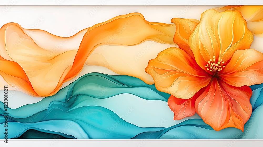 Poster a vibrant abstract design featuring flowing waves of orange and teal, complemented by a bright flowe