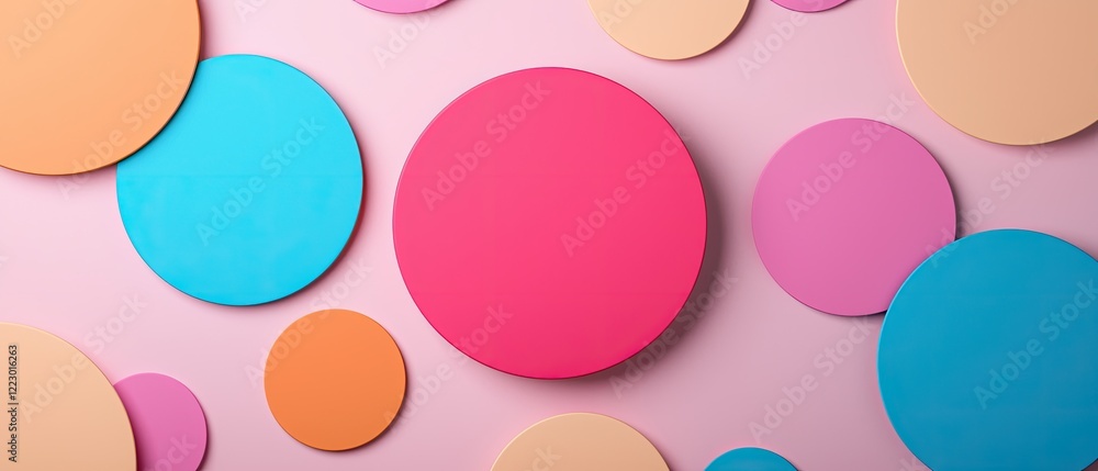 Poster a colorful arrangement of circular paper cutouts in various sizes, set against a soft pink backgroun