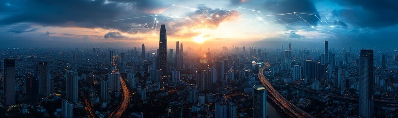 Fototapeta premium Network concept graphic integrated into the cityscape of Bangkok, Thailand