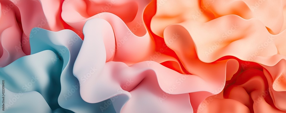 Poster a colorful abstract texture with soft, wavy forms in pastel shades of pink, blue, and orange, creati