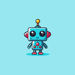 Obraz premium A cute and friendly cartoon robot mascot with a happy expression. This light blue robot with red accents is a charming illustration of technology and artificial intelligence