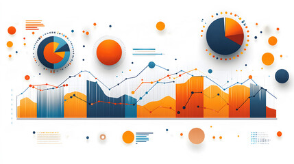 Obraz premium Flat illustration of business data visualizations with pie charts and line graphs, professional design on white