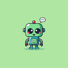 A cute and friendly green cartoon robot mascot with a speech bubble, symbolizing communication and artificial intelligence. This is a charming illustration of technology in a simple style