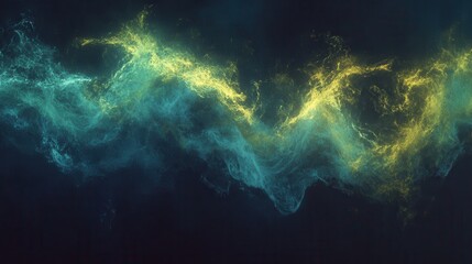 Obraz premium An abstract design of neon green and blue glowing waves set against a black background, blending subtle yellow accents