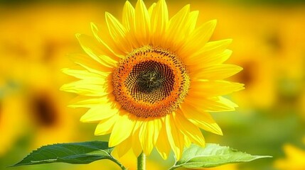Fototapeta premium A close-up view of a single sunflower in full bloom, showcasing its intricate details and vibrant yellow petals against a softly blurred background of more sunflowers