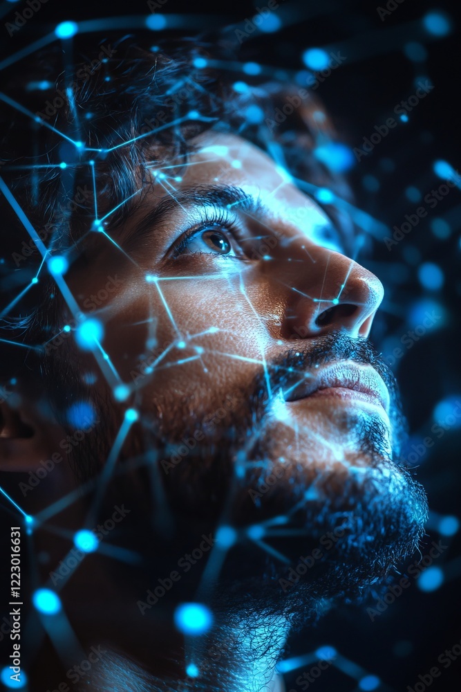Aufkleber man, technology, future. close-up portrait with abstract glowing network connection lines.