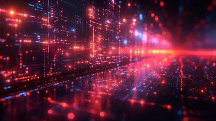 Fototapeta premium High-tech landscape illuminated by vibrant red and blue data lights.