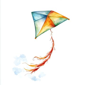 watercolor kite flying, colorful, white background
