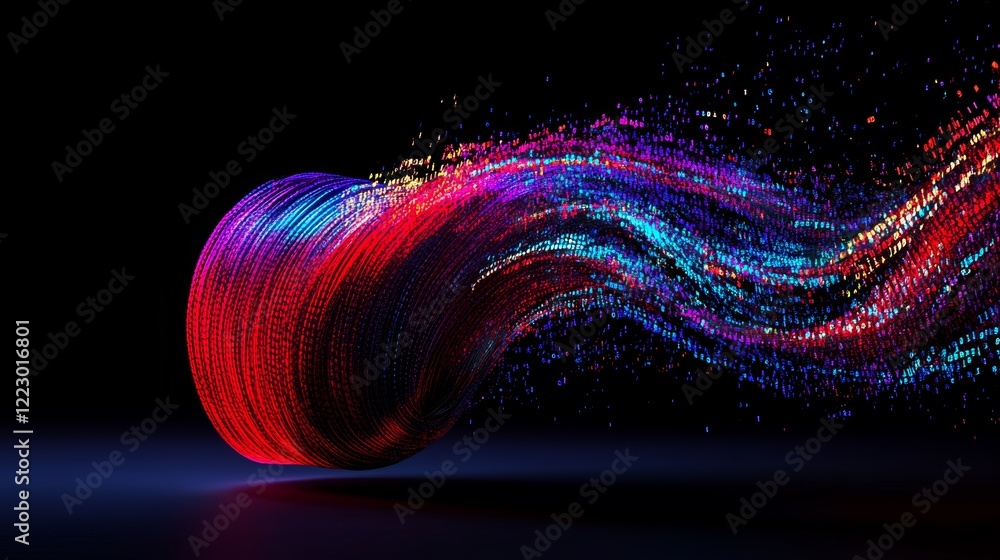 Poster Particles traverse the digital cyberspace, intertwining with digital data network connections