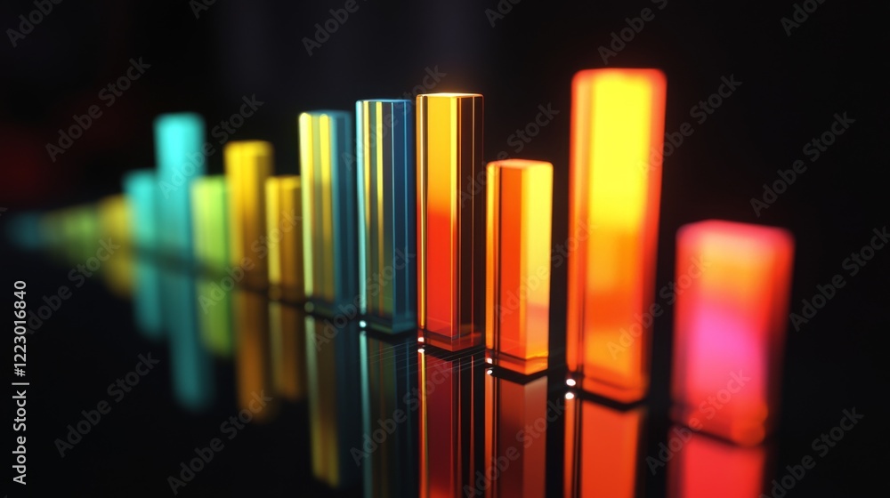 Poster a colorful d bar chart with tall, glossy bars on a black reflective surface, with warm spotlighting 