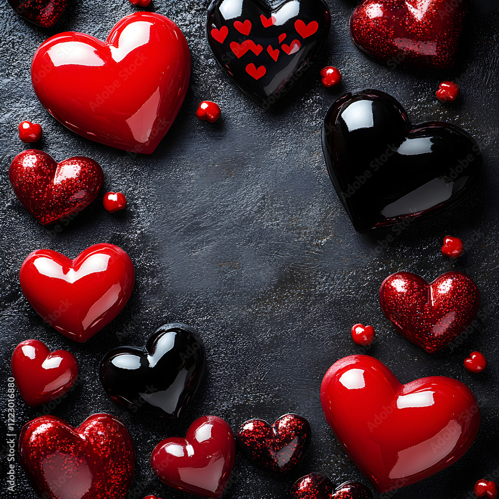 Poster shiny and matte red and black hearts creating a frame for valentine's day on a dark background with 