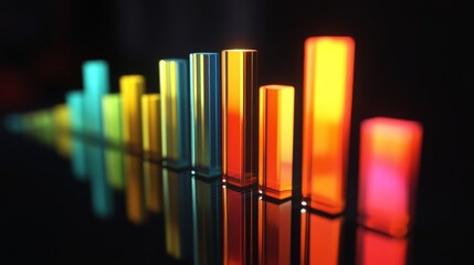 Obraz premium A colorful D bar chart with tall, glossy bars on a black reflective surface, with warm spotlighting to highlight each bar's shape and height