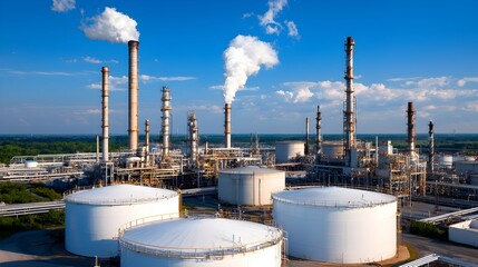 Aerial overhead view of a large scale oil refinery facility with multiple towering storage tanks intricate network of pipelines