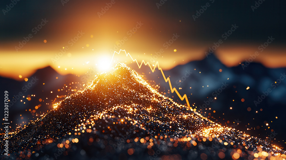 Poster conceptual image of mountain with sparkling particles and rising trend line, symbolizing growth and 