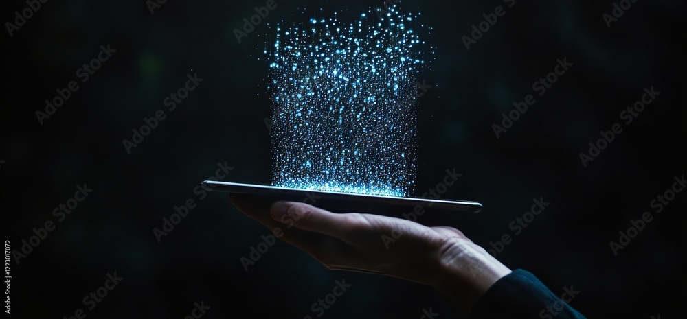Poster Hand tapping into telecommunication networks and wireless mobile internet technologies using 5G LTE for global business, fintech, and blockchain