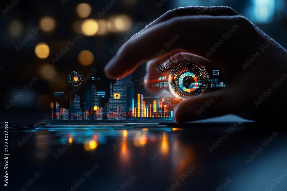 Poster concept illustrating a woman of the future with an embedded cyber technology eye panel
