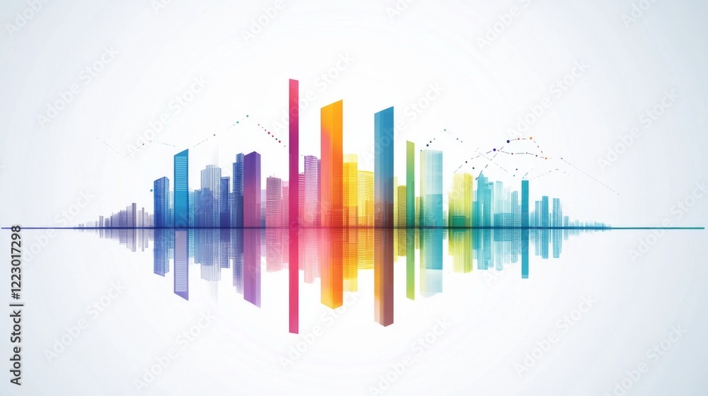 Poster a colorful bar chart representing various financial data points, with sharp edges and vibrant colors