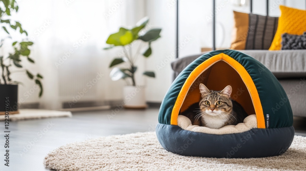 Poster a colorful cat house shaped like a tent, with soft fabric and a cushioned interior, set on a plush c