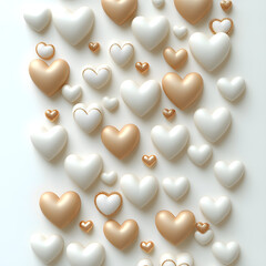 Delicate golden and white heart shaped decorations scattered across pale surface, representing romantic sentiments and festive Valentine's spirit