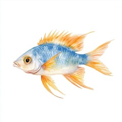 Fototapeta premium Colorful fish illustration with blue and orange details, showcasing vibrant fins, watercolor clip art