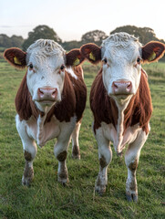 Two young brown and white cows standing side-by-side in a field.