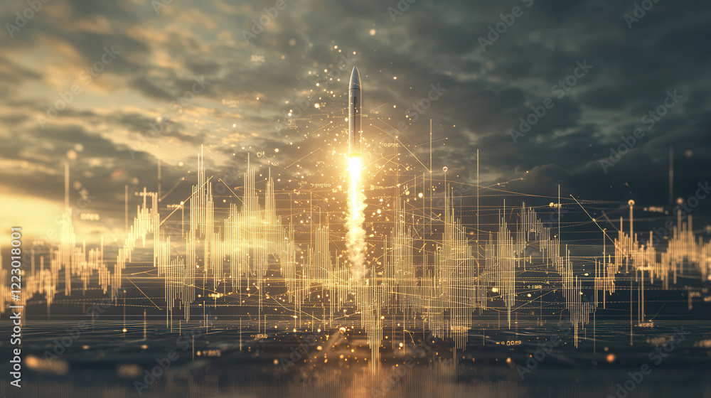Poster rocket launching into sky symbolizes growth and progress in digital world, surrounded by data visual