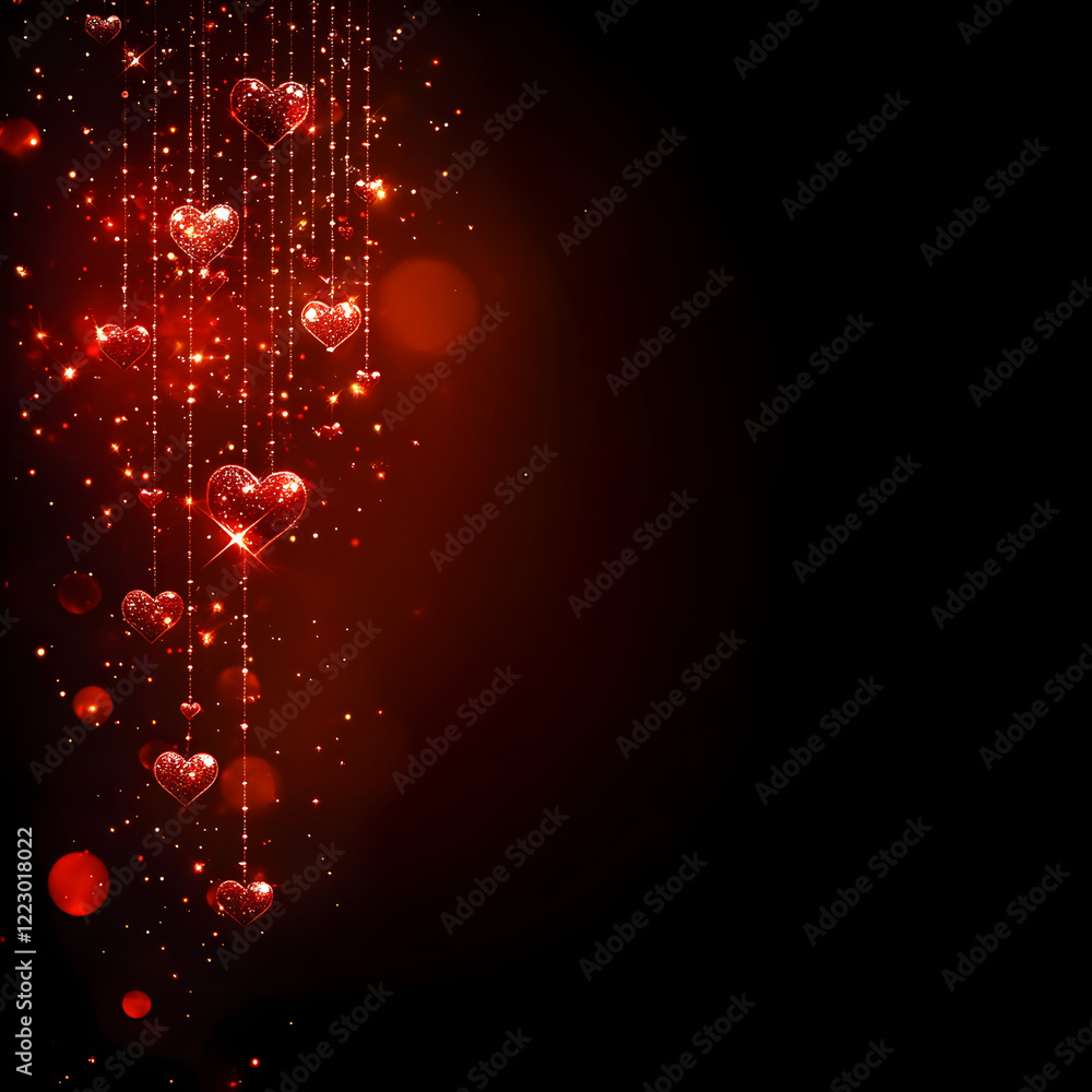 Poster hanging red glowing hearts dangling on thin strings, casting soft light against deep shadowy backgro