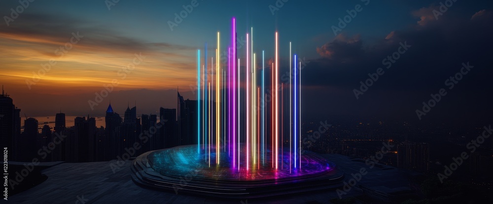 Poster Intricate wave lines paired with gradient connections between smart city features and abstract dot points convey the idea of big data connection technology