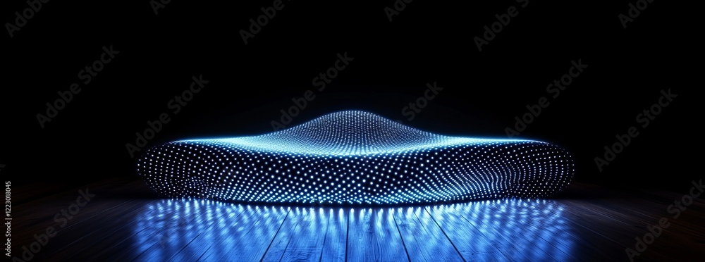 Poster In a modern design, a dark blue 3D abstract background with a dot pattern is featured, symbolizing technology, and includes a dynamic flow of dots in perspective, highlighting big data and