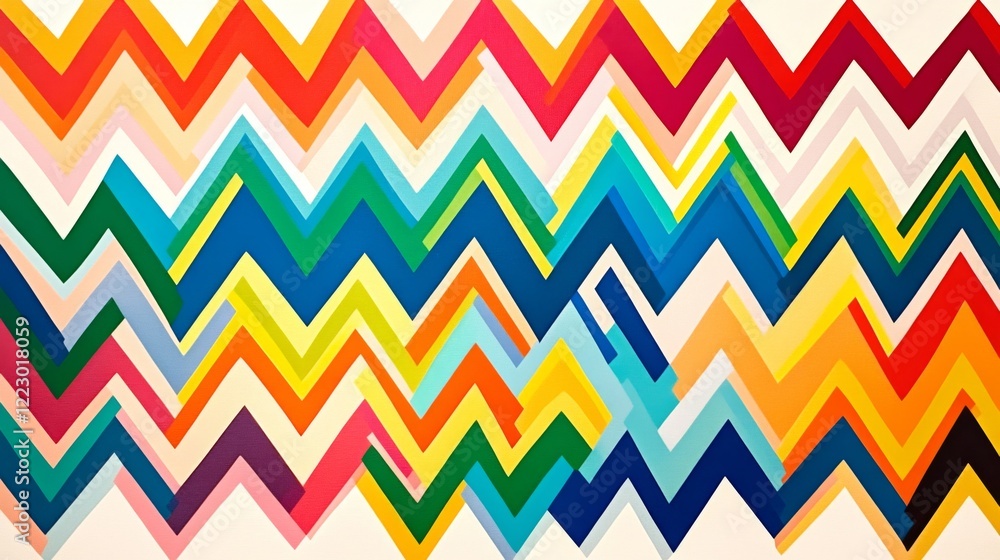 Poster a colorful explosion of zigzag lines in bold hues, arranged dynamically on a white background, creat