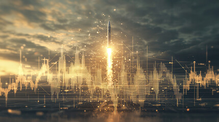 rocket launching into sky symbolizes growth and progress in digital world, surrounded by data visualizations and graphs