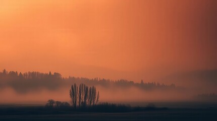 Obraz premium Serene Landscape at Sunset with Silhouetted Trees and Misty Horizon