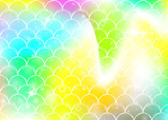 Rainbow scales background with kawaii mermaid princess pattern.