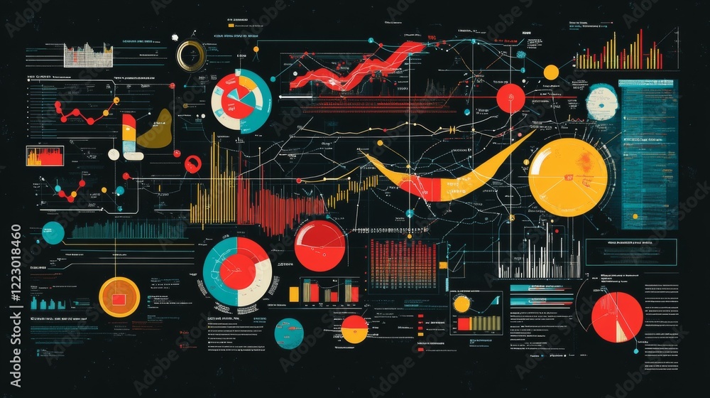 Poster a complex financial flowchart with interconnected graphs and data points, showcasing business relati