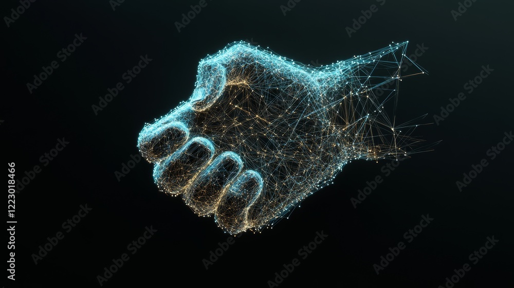 Poster A glowing digital handshake constructed with intricate points and connecting lines, symbolizing technology-driven partnerships, collaboration, and advanced digital communication in a futuristic style.